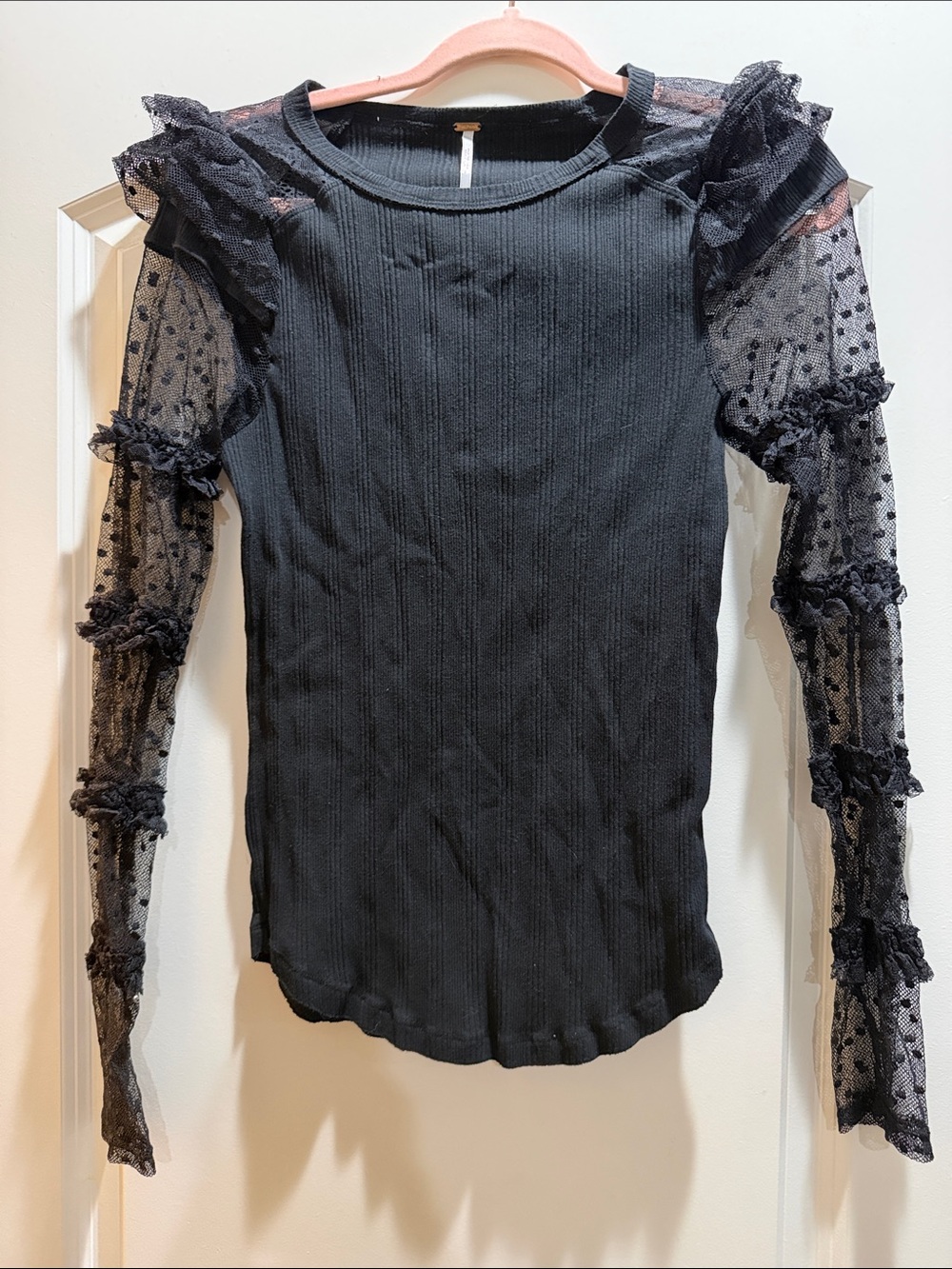 Free People Black Ribbed Knit Top with Sheer Polka Dot Ruffle Sleeves